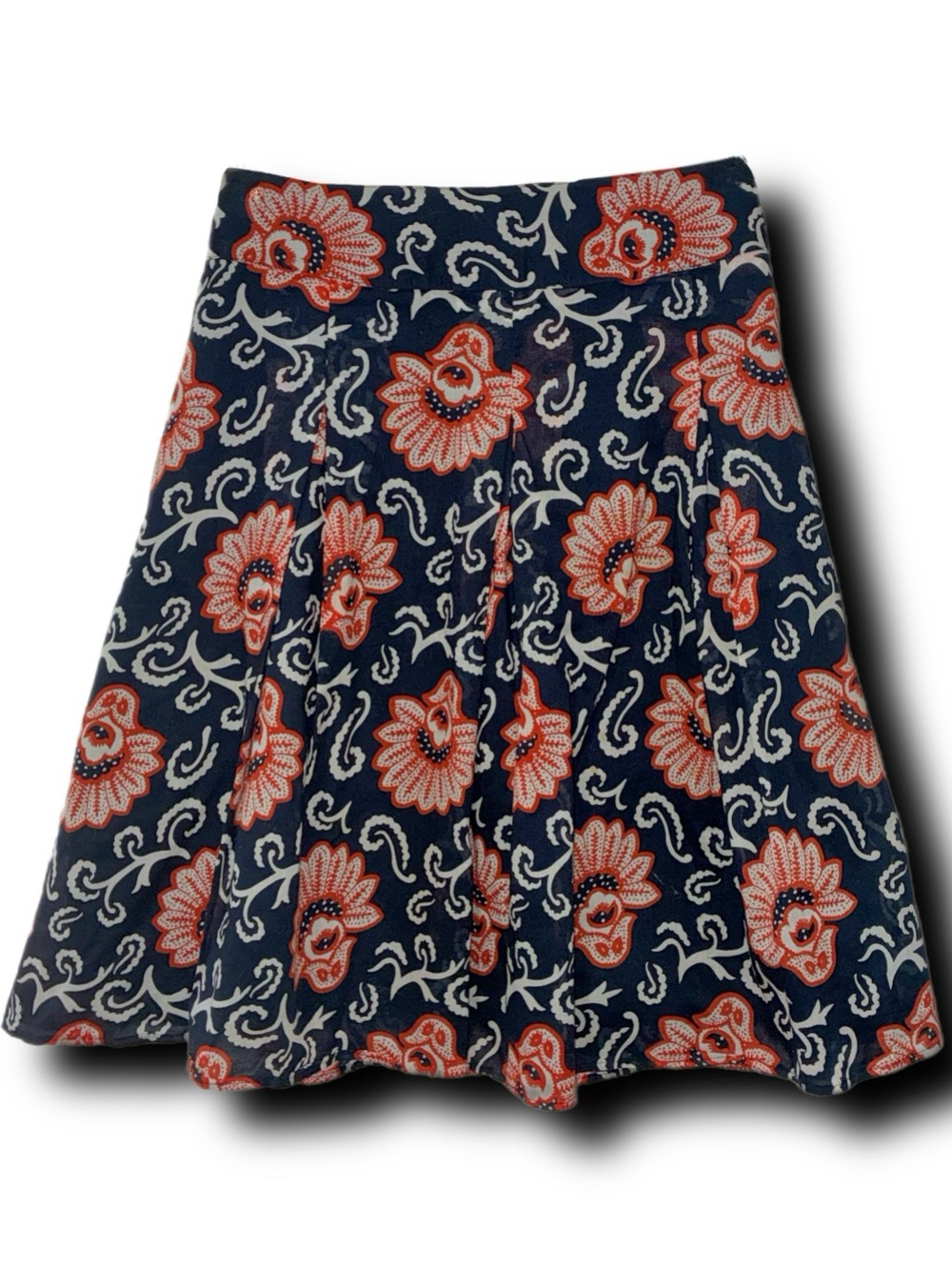 Talbots 100% Cotton Navy Pleated Skater Style Skirt with Orange Floral Print